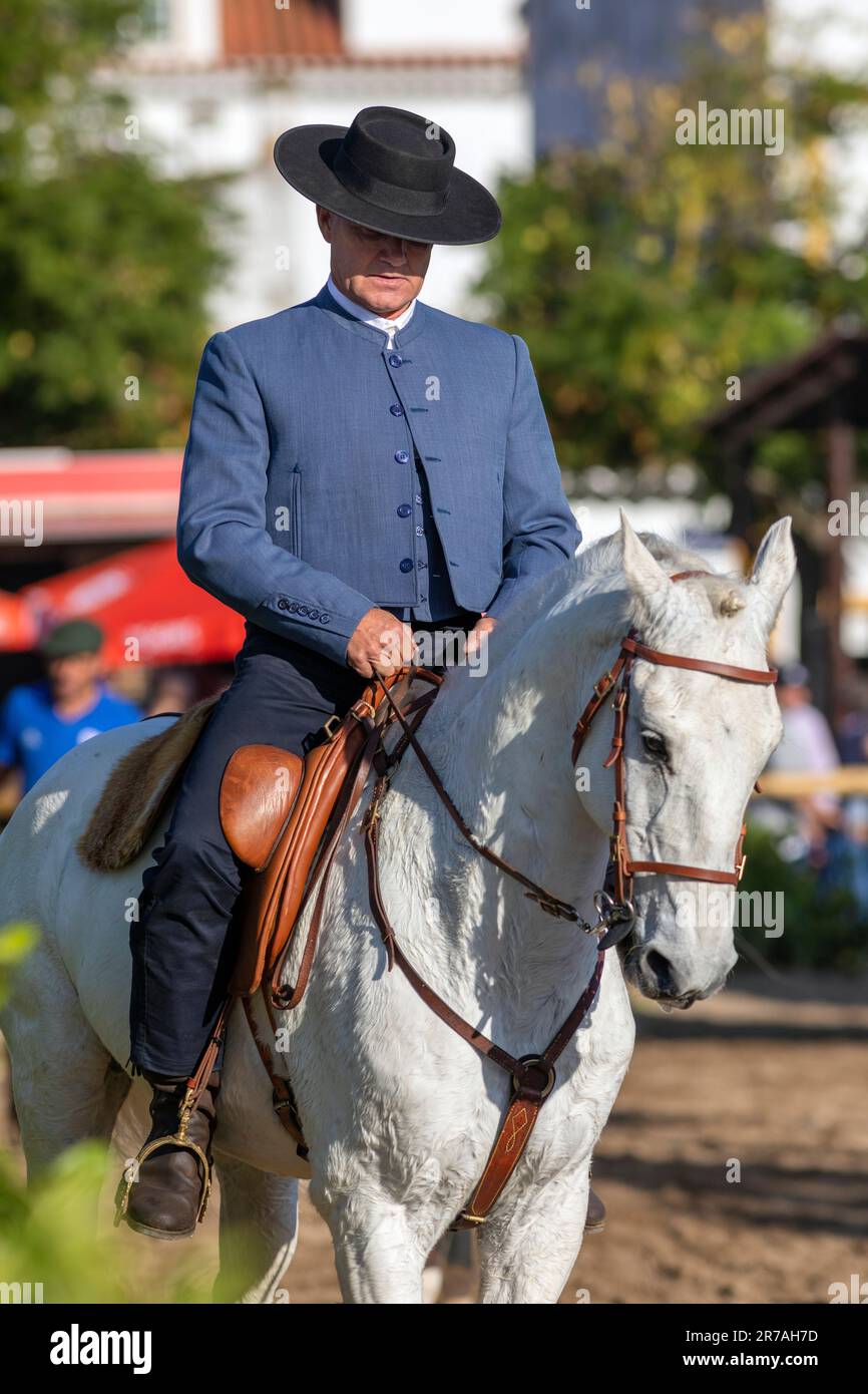 Europe, Portugal, Alentejo Region, Golega, Man riding white Lusitano