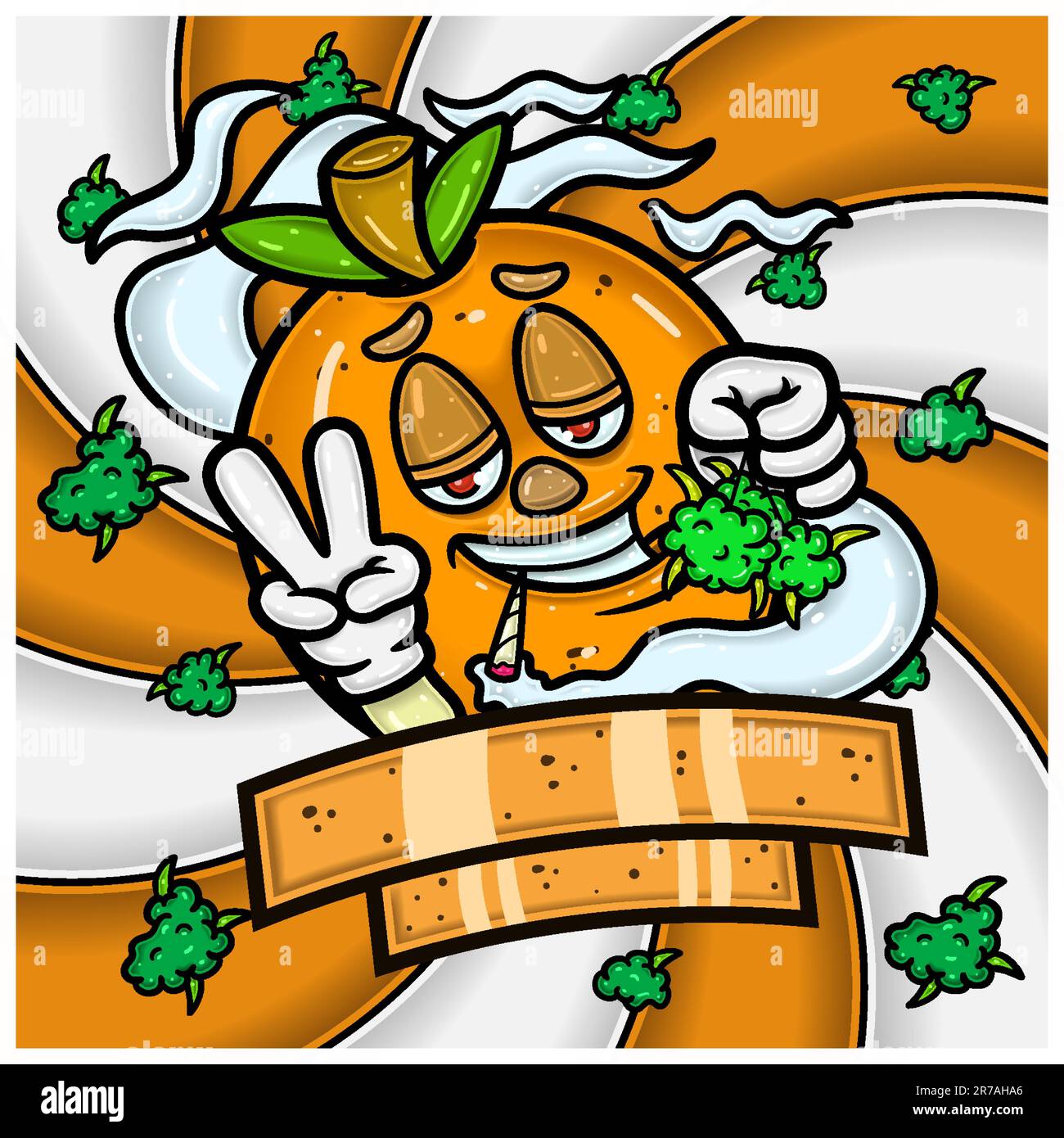 Orange Fruit Flavor Mascot Character Cartoon With Weed Bud Packaging Design. For Label, Packaging, Product, Cover and Branding. Vectors and Illustrati Stock Vector