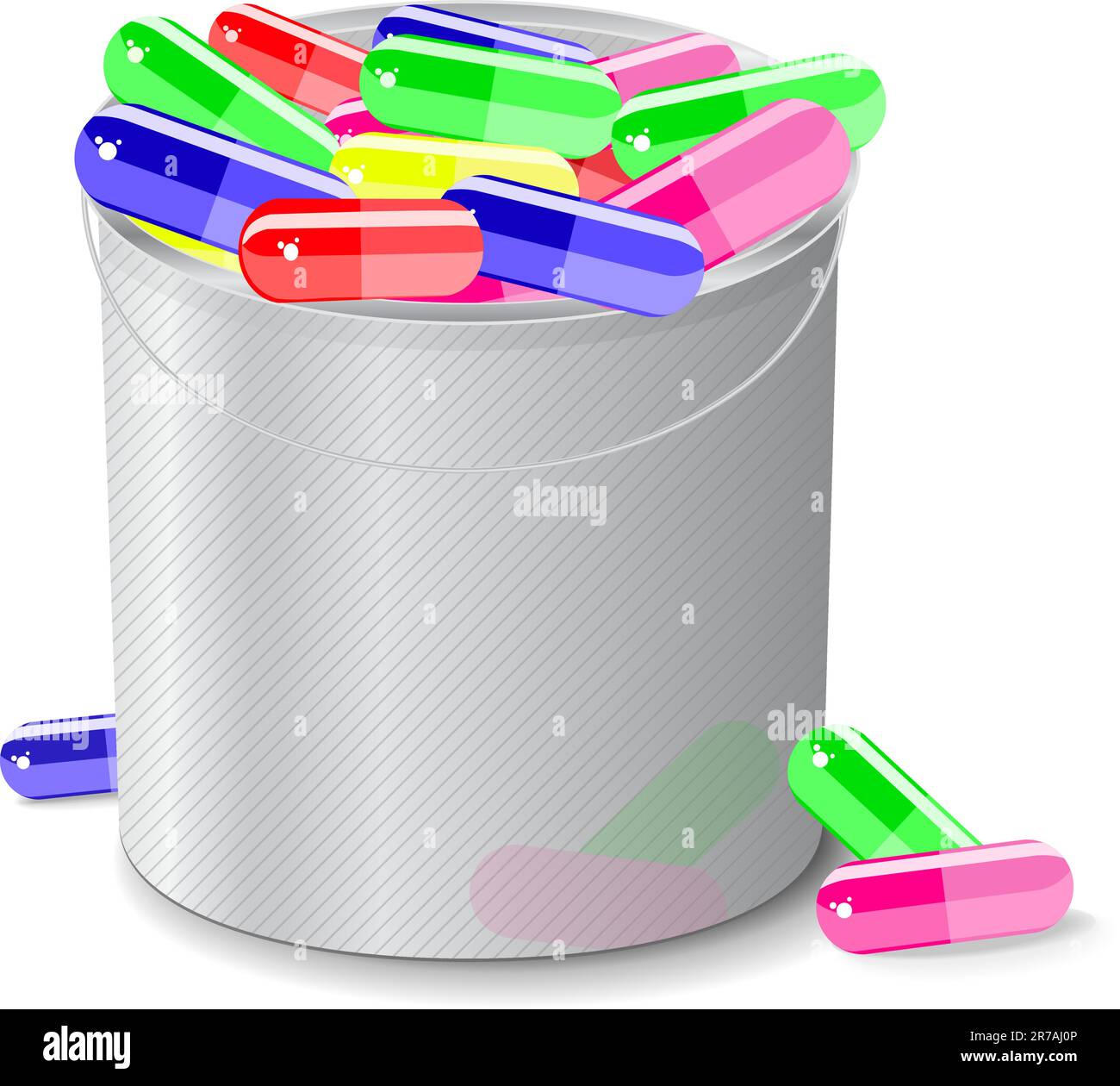 bucket full of capsules and pills isolated on white background Stock Vector