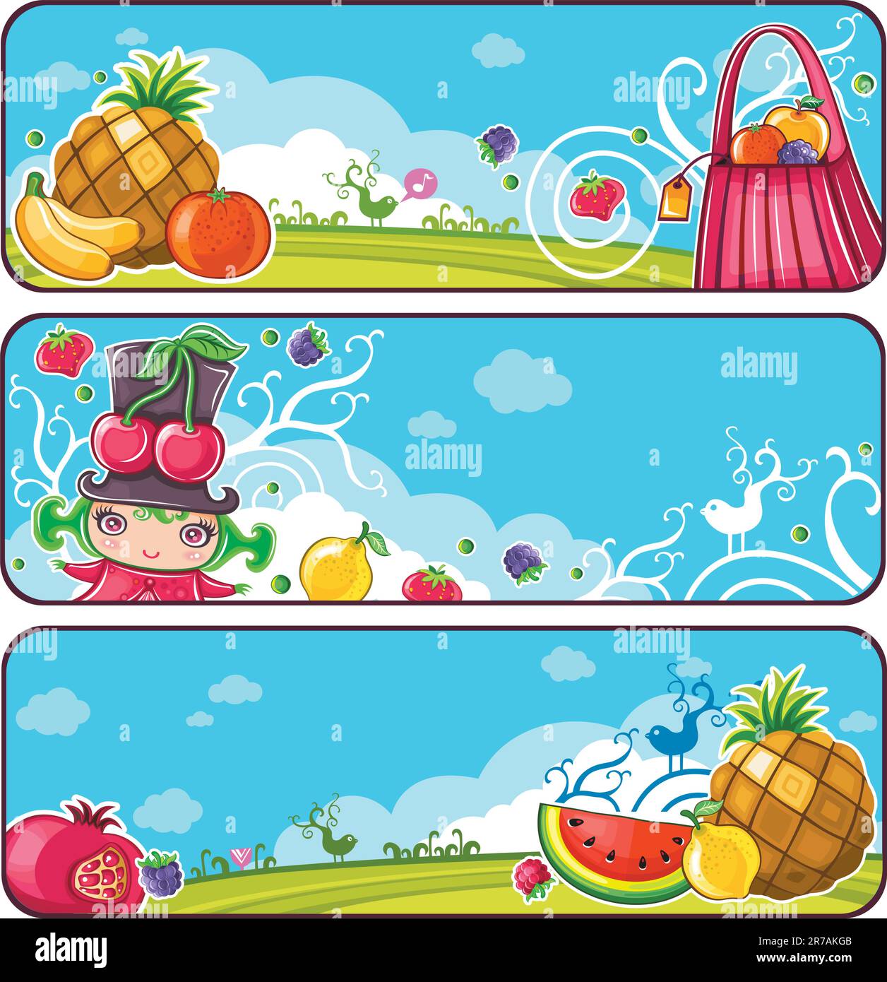Set of of beautifully designed banners. Fruits and Berries Theme:  Colorful Summer background, blue sky, bird, fruits arrangements: Pineapple, bana... Stock Vector