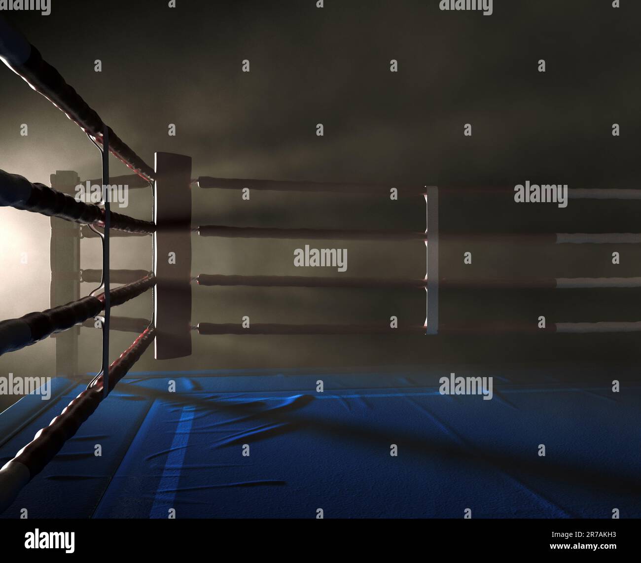 A corner of a boxing ring brightly backlit by a spotlight surrounded by ...
