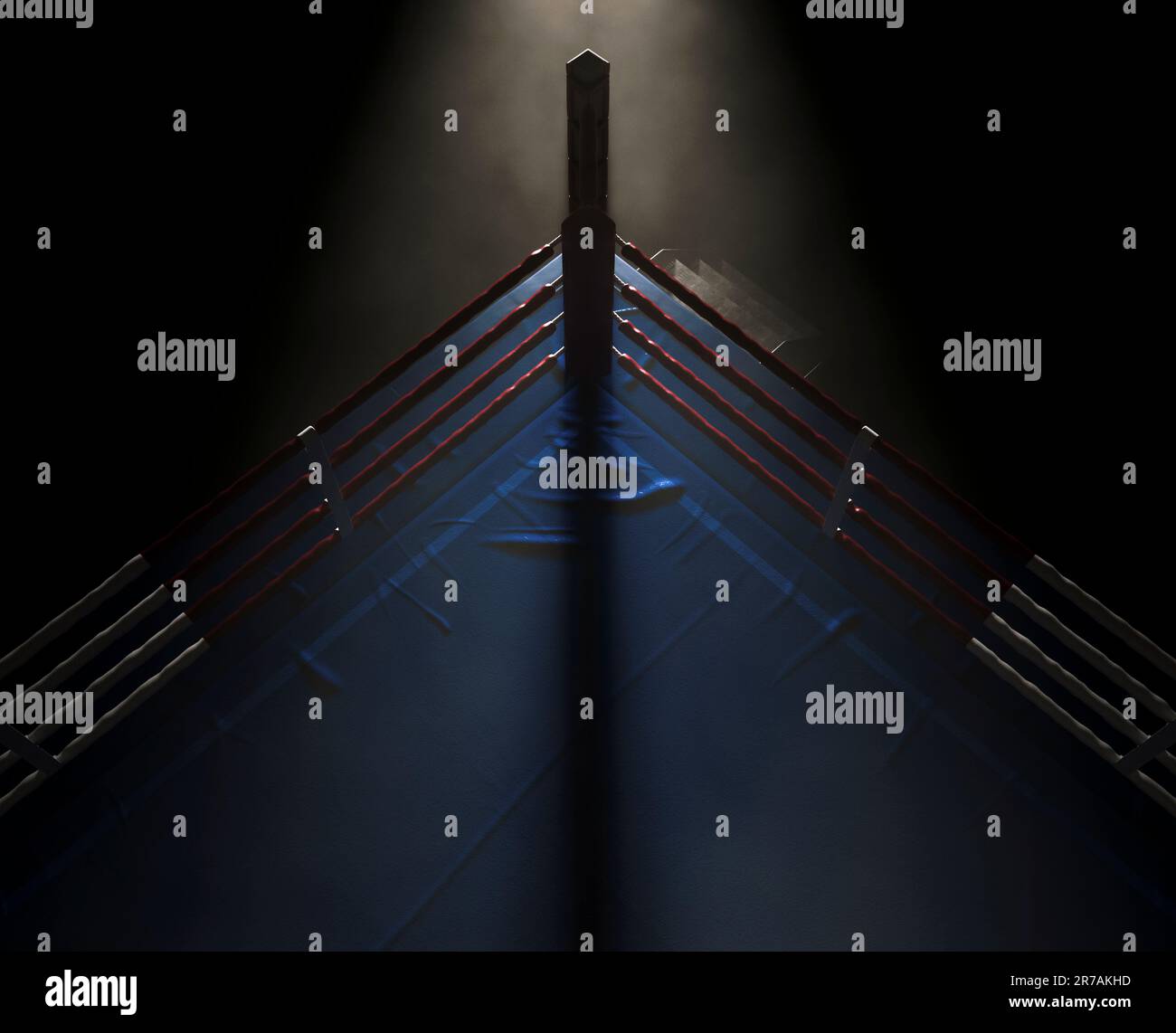 A corner of a boxing ring brightly backlit by a spotlight surrounded by ...