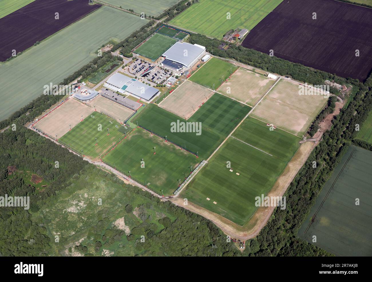 aerial view of Trafford Training Centre - Manchester United's training ground at Carrington, west of Manchester Stock Photo