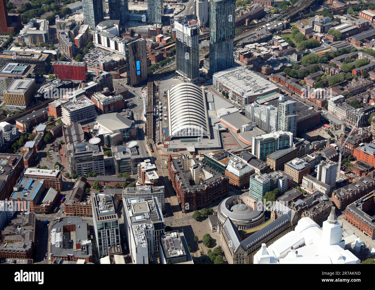 aerial view of Manchester city centre and specifically Manchester Central Convention Complex conference centre, Beetham Tower & Bridgewater Hall Stock Photo