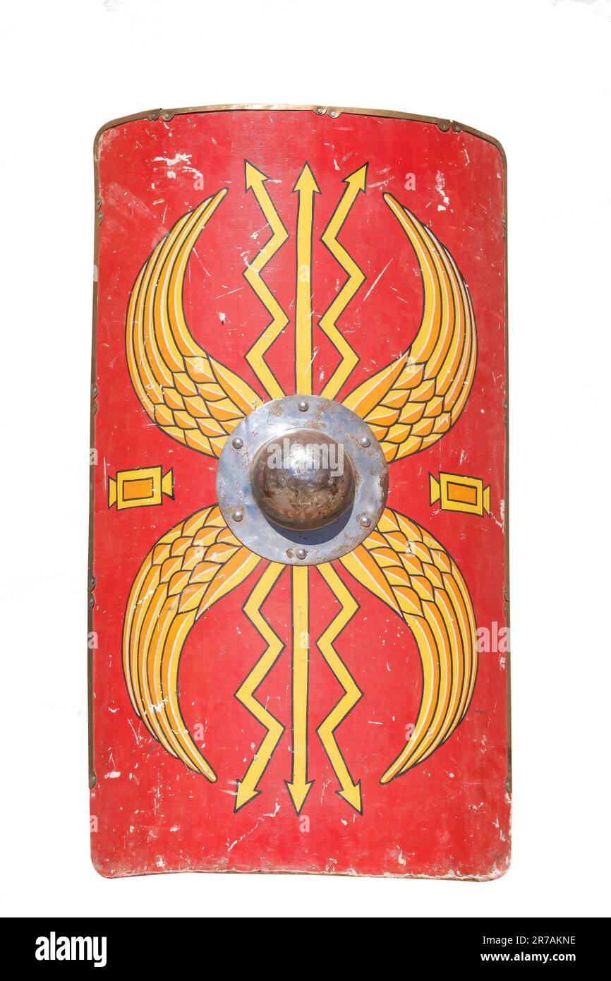 close up in vertical of a vibrant red Scutum Augusta, a shield of a legionary soldier from the ancient Roman Empire, evoking strength and authority Stock Photo