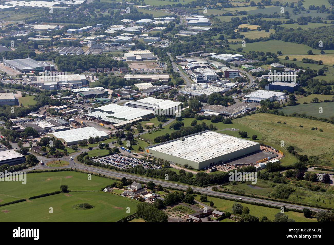 aerial view of part of the very large Wrexham Industrial Estate situated at Holt to the east of Wrexham, North Wales Stock Photo