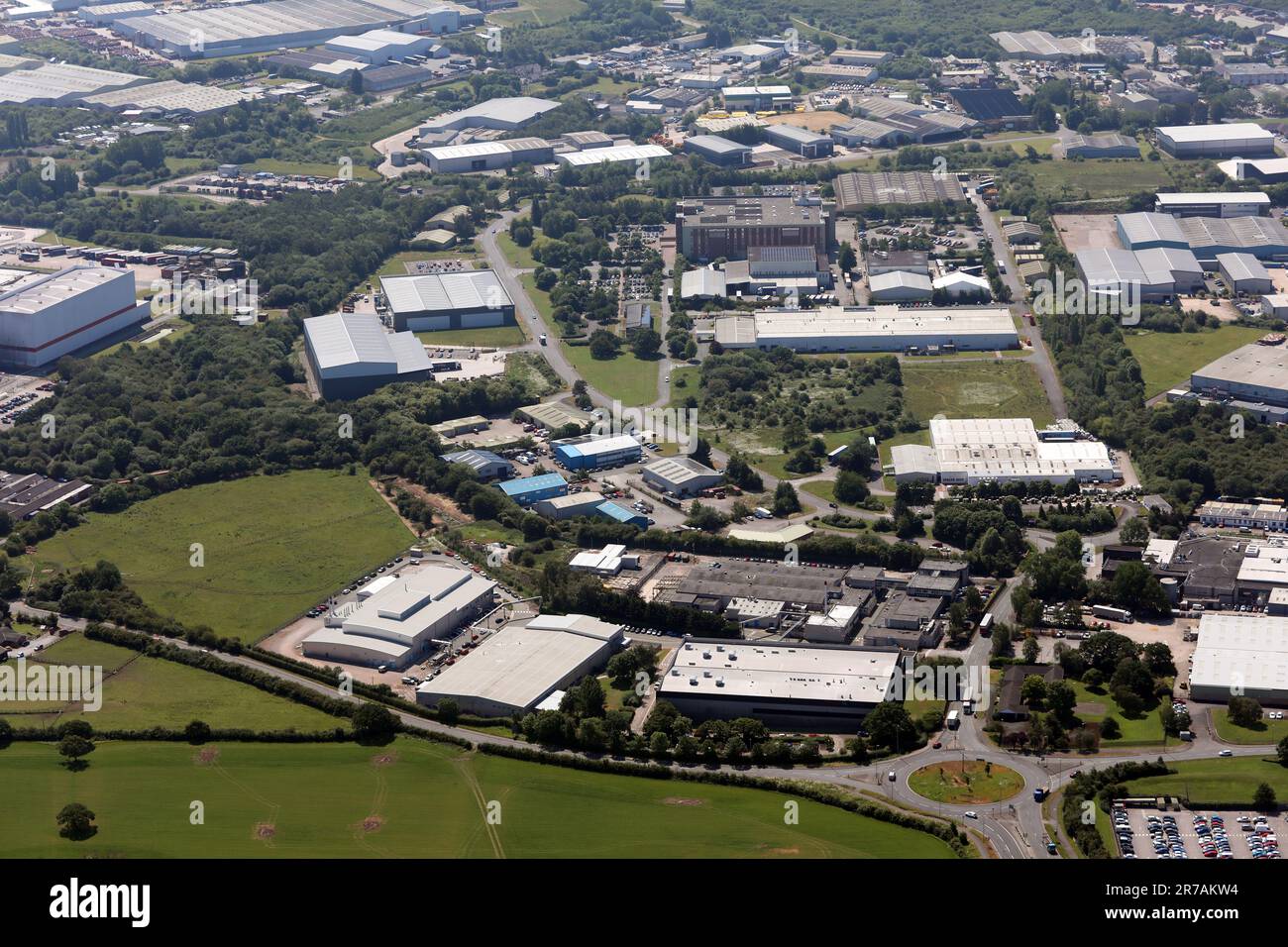 aerial view of part of the very large Wrexham Industrial Estate situated at Holt to the east of Wrexham, North Wales Stock Photo