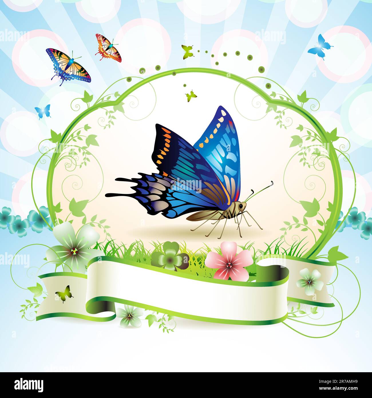 Blue butterfly with flowers and ribbon Stock Vector Image & Art - Alamy