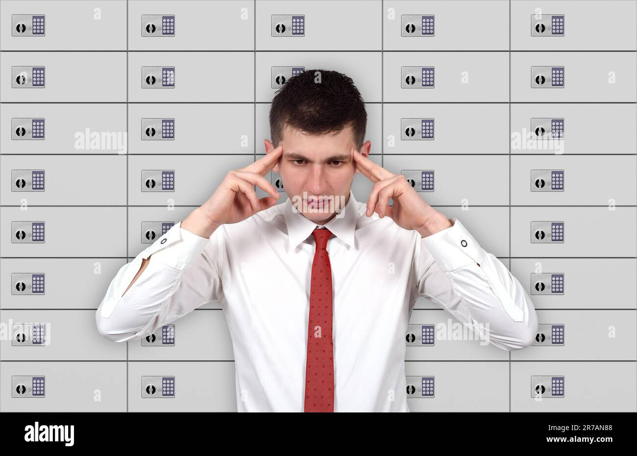 businessman thinking and security safe room on background Stock Photo