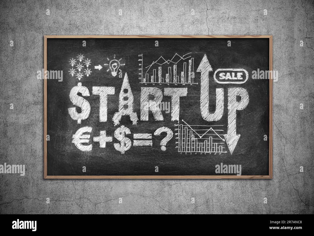 blackboard with drawing start up concept concept. concrete wall Stock