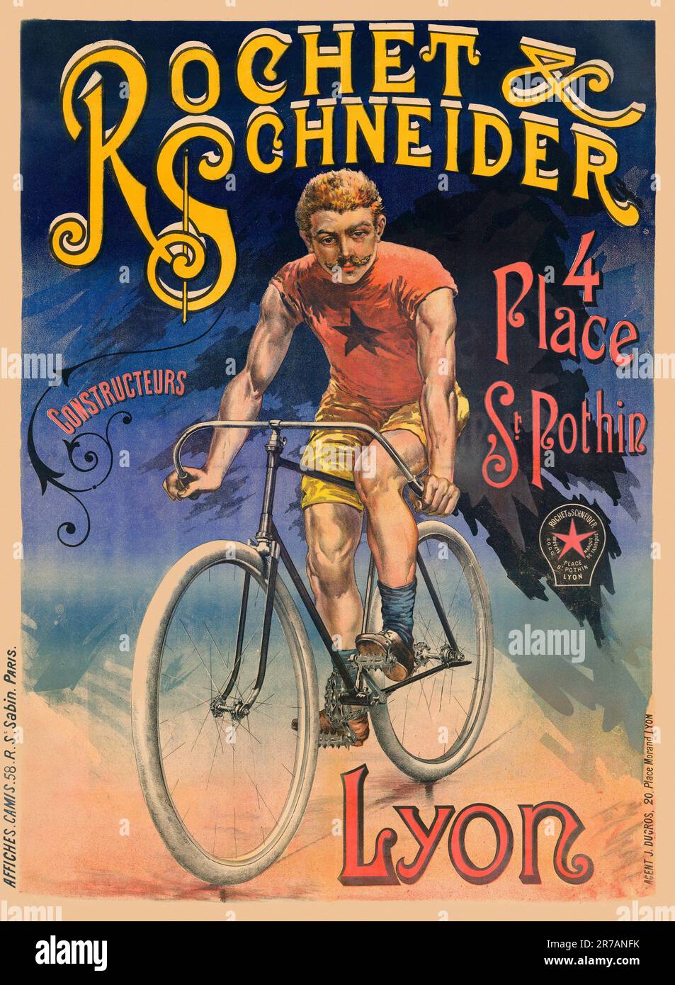 Rochet & Schneider. Constructeurs. 4 place St Pothin, Lyon. Artist unknown. Poster published in 1890 in France. Stock Photo