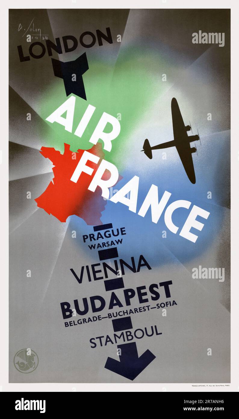 Air France. London, Prague, Warsaw, Vienna, Budapest, Stamboul by Albert Solon (1897-1973). Poster published in 1938 in France. Stock Photo