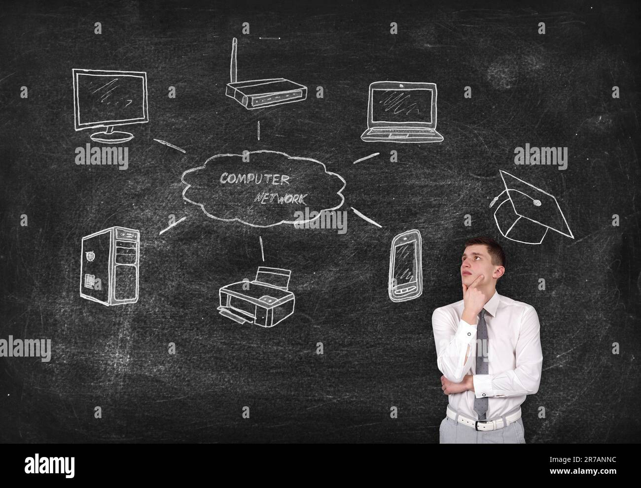 student is thinking and drawing computer network on blackboard Stock ...
