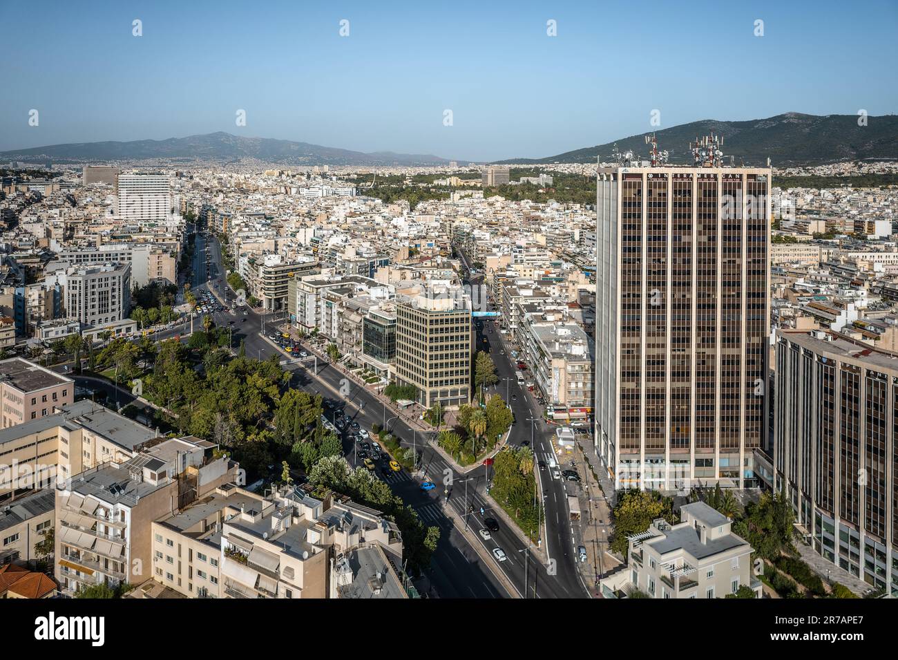 An aerial view of Athens Tower, complex of two buildings situated in