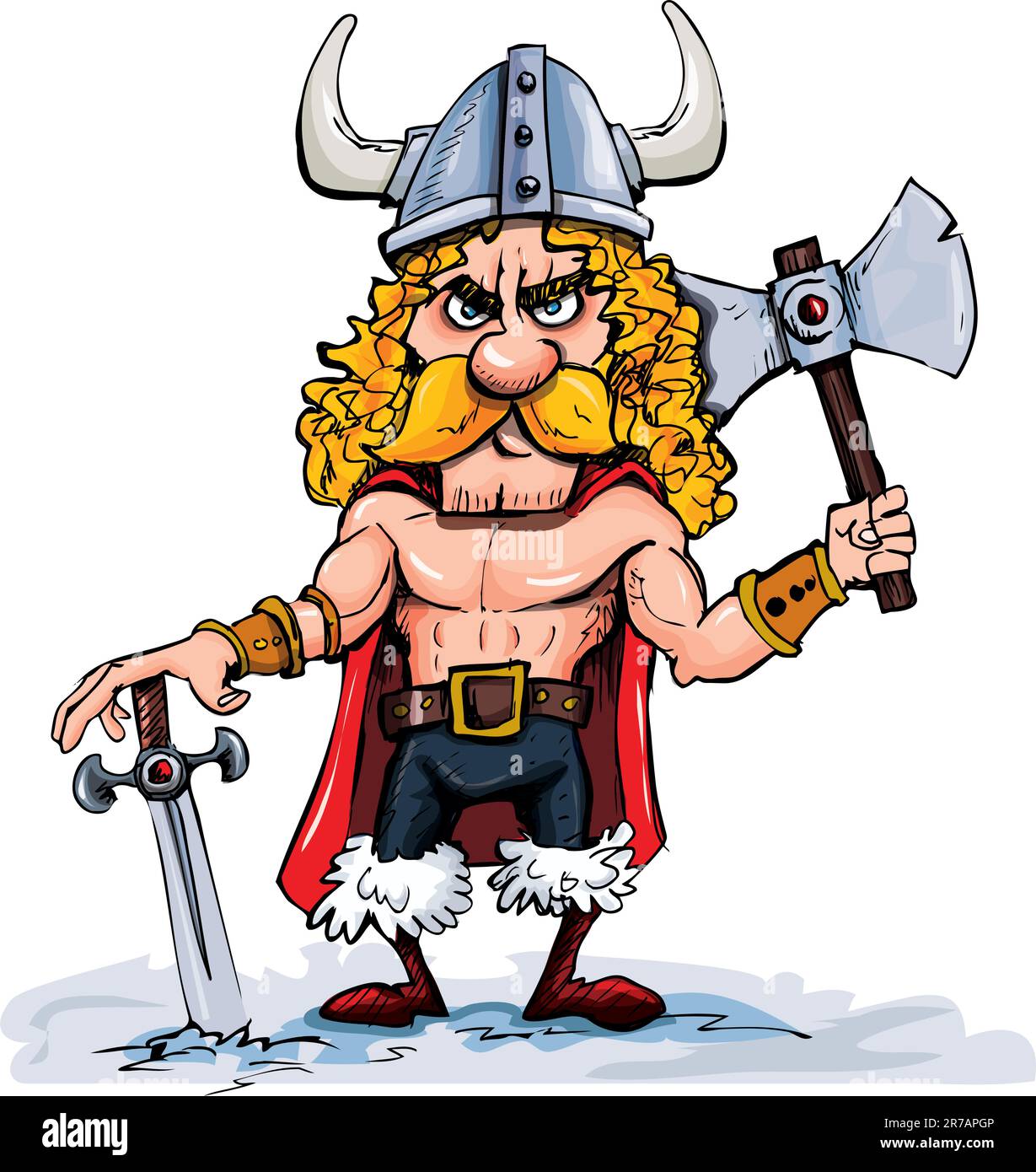 Cartoon viking with a big axe. Isolated on white Stock Vector