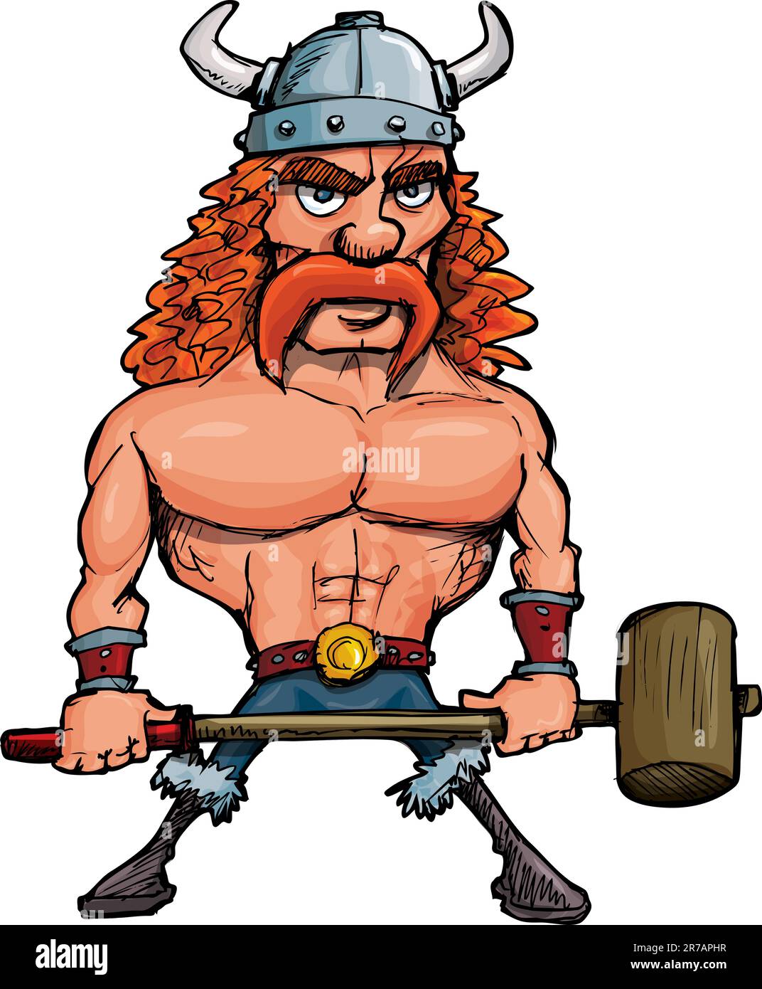 Cartoon viking with a big hammer. Isolated on white Stock Vector
