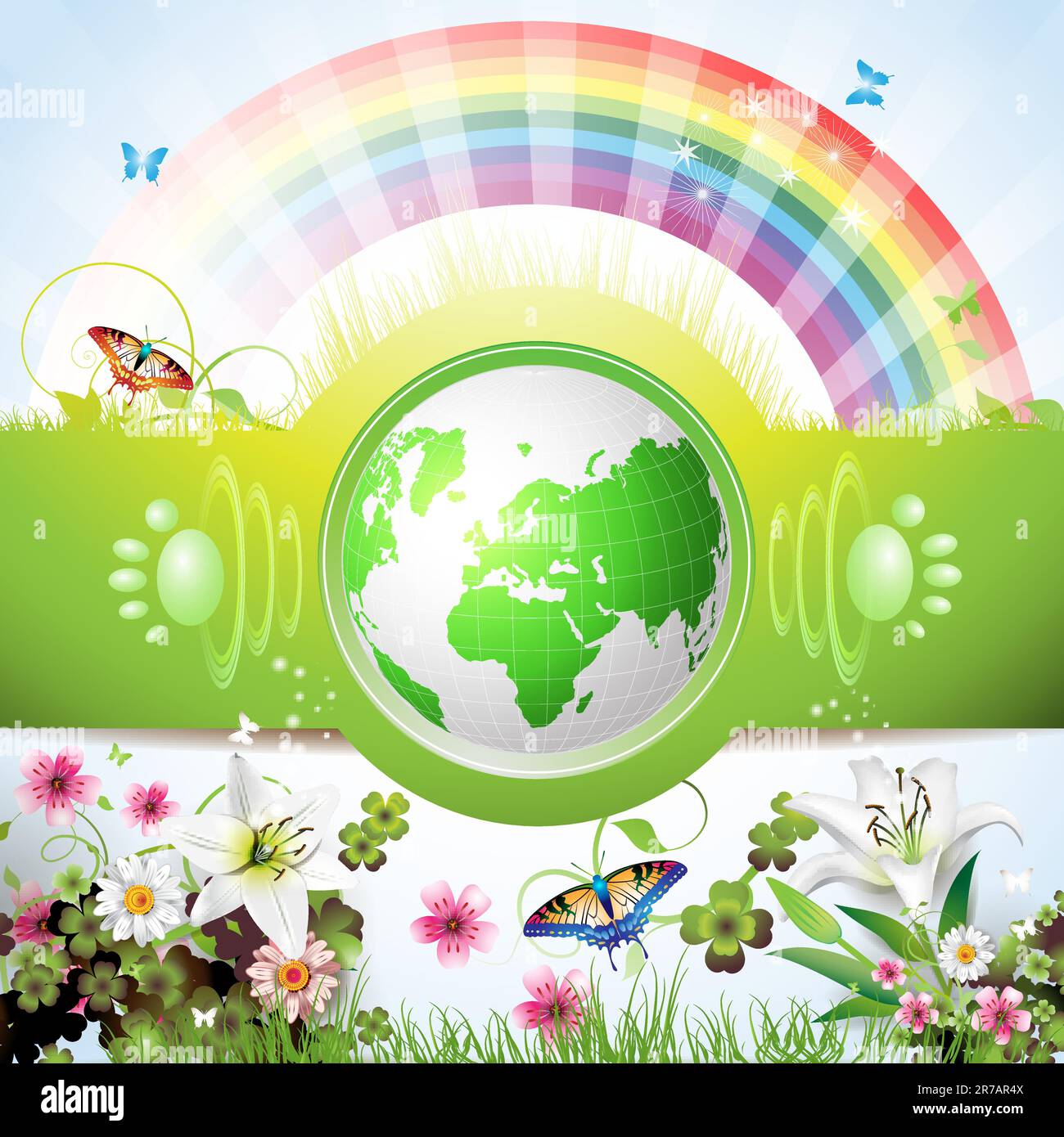 Eco Green Earth with flowers, butterflies and rainbow Stock Vector ...