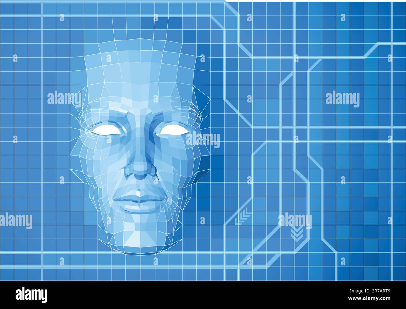 A futuristic polygon face forming out of grid screen conceptual background. Stock Vector