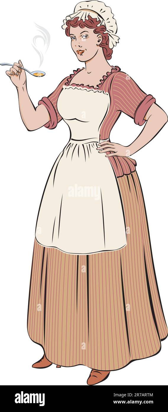 White woman dressed like oldfashioned French cook is smiling with a spoon in her hand Stock