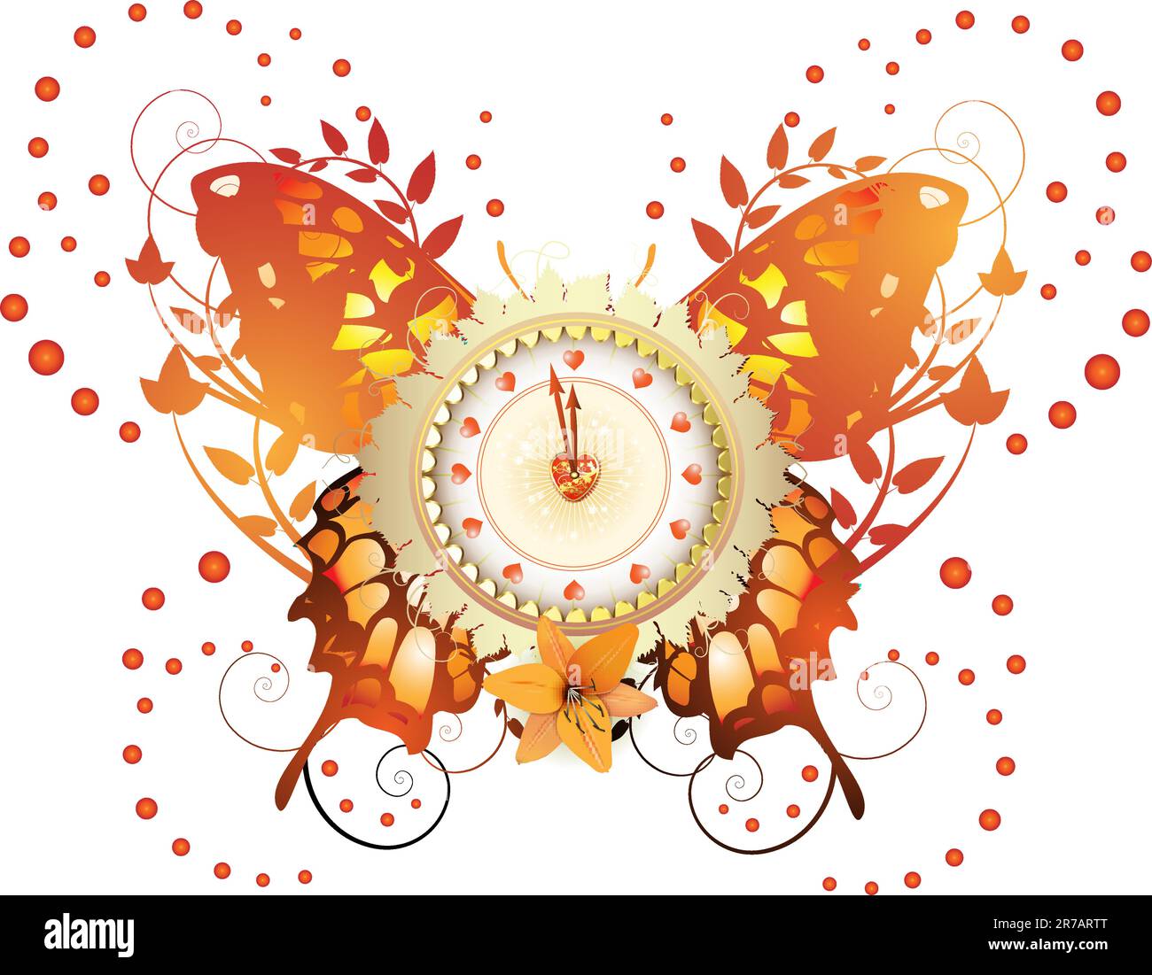 Clock design with Valentine's day theme over colored butterfly Stock Vector