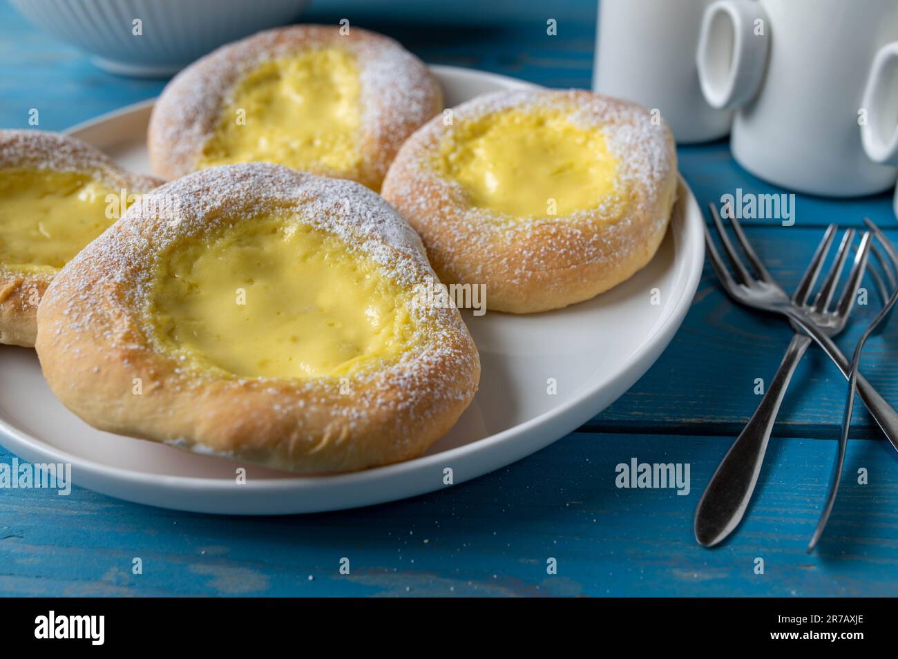 Yeast pastry with sour cream, pudding filling Stock Photo