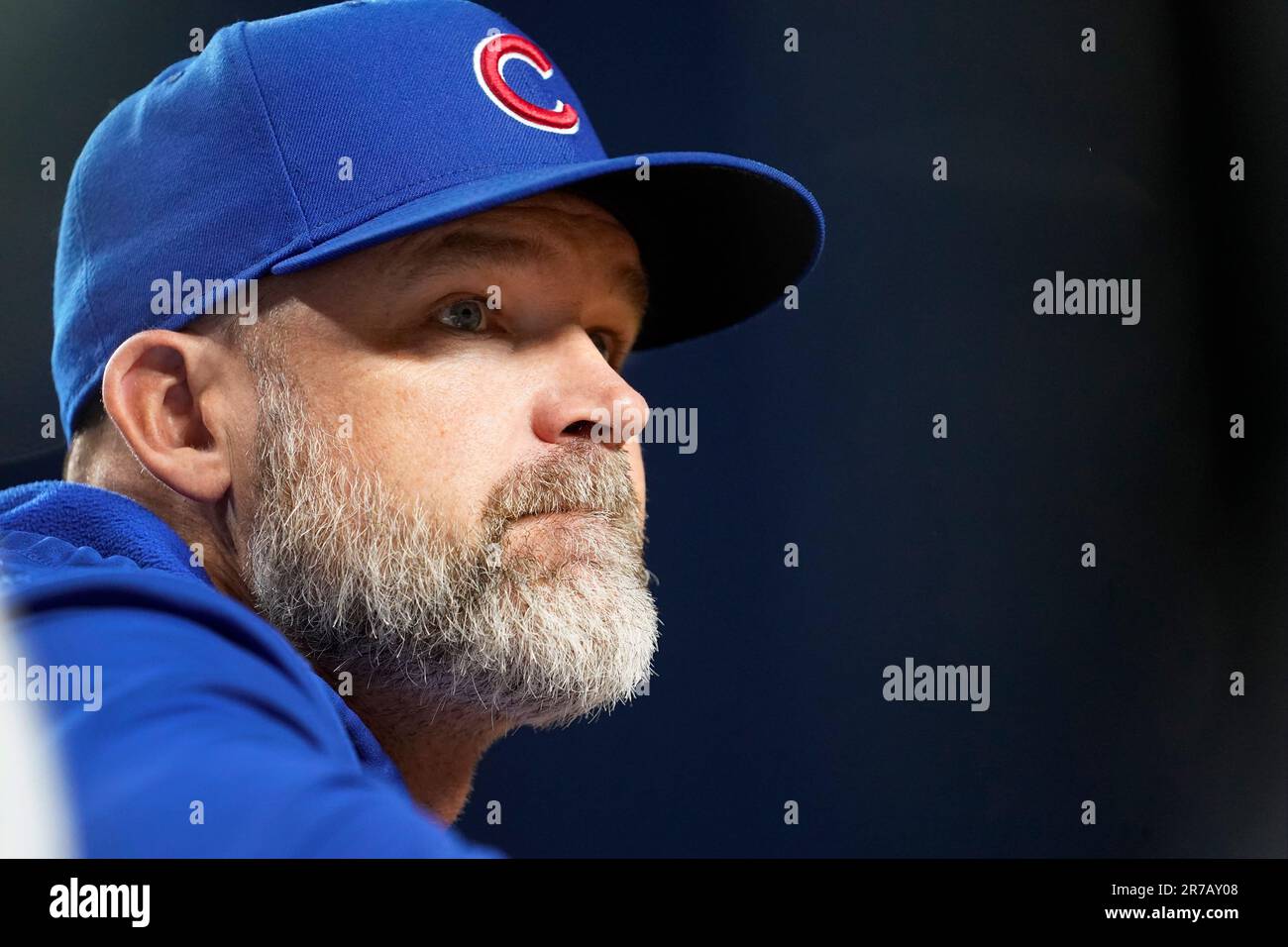 Chicago Cubs manager David Ross looks out from the dugout before a baseball  game against the Washington Nationals Tuesday, July 18, 2023, in Chicago.  (AP Photo/Charles Rex Arbogast Stock Photo - Alamy