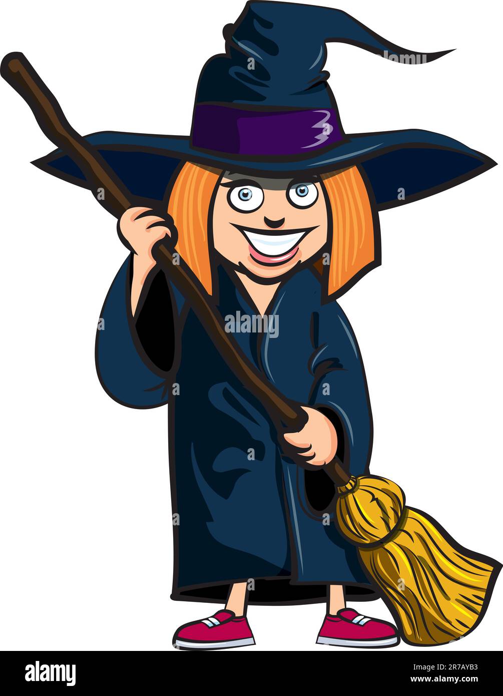 Cartoon of little girl in a witches costume she is ready for trick or