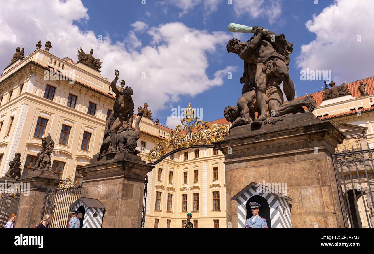 HRADCANY, PRAGUE, CZECH REPUBLIC, EUROPE - Statues at Western Gate to Prague Castle, Hradcany Square. Stock Photo