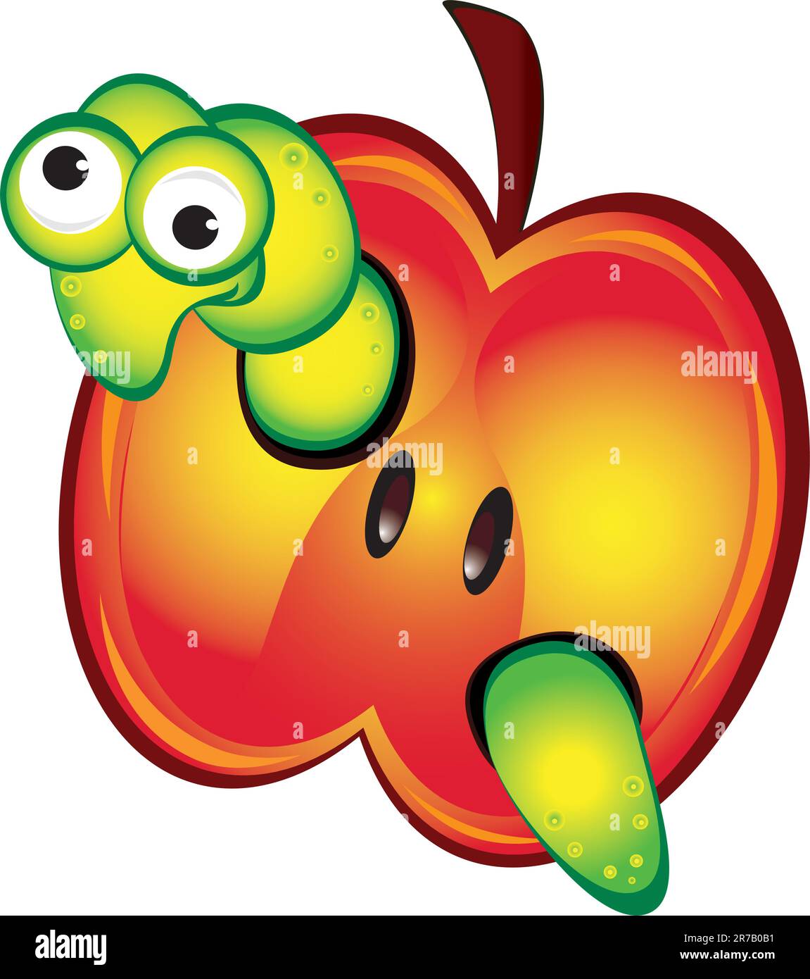 Cartoon illustration of a worm peeking out of an apple Stock Vector