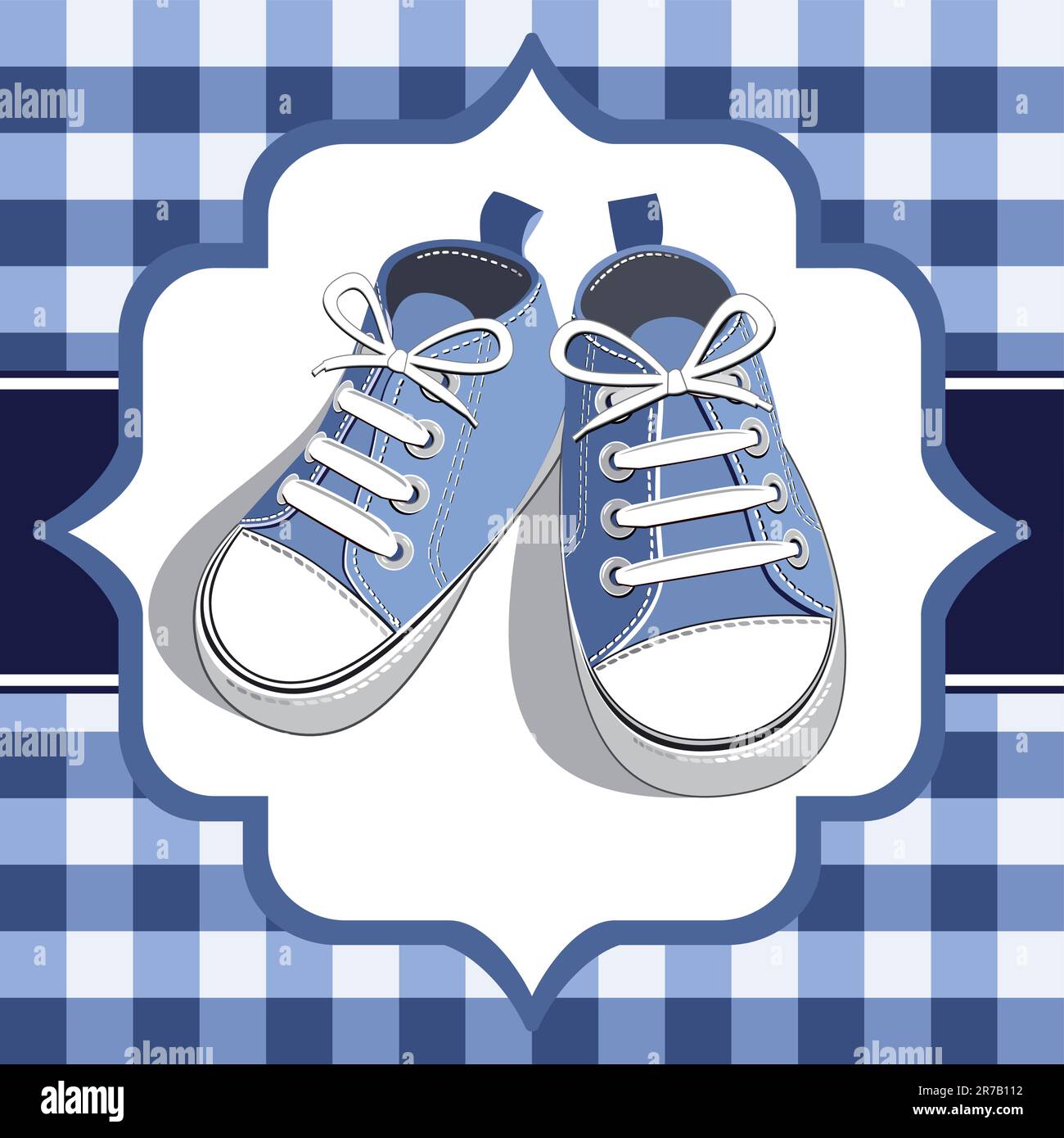 Blue shoes on a checkered background, blue childrens or young adult shoes, pair kids sneaker. Stock Vector