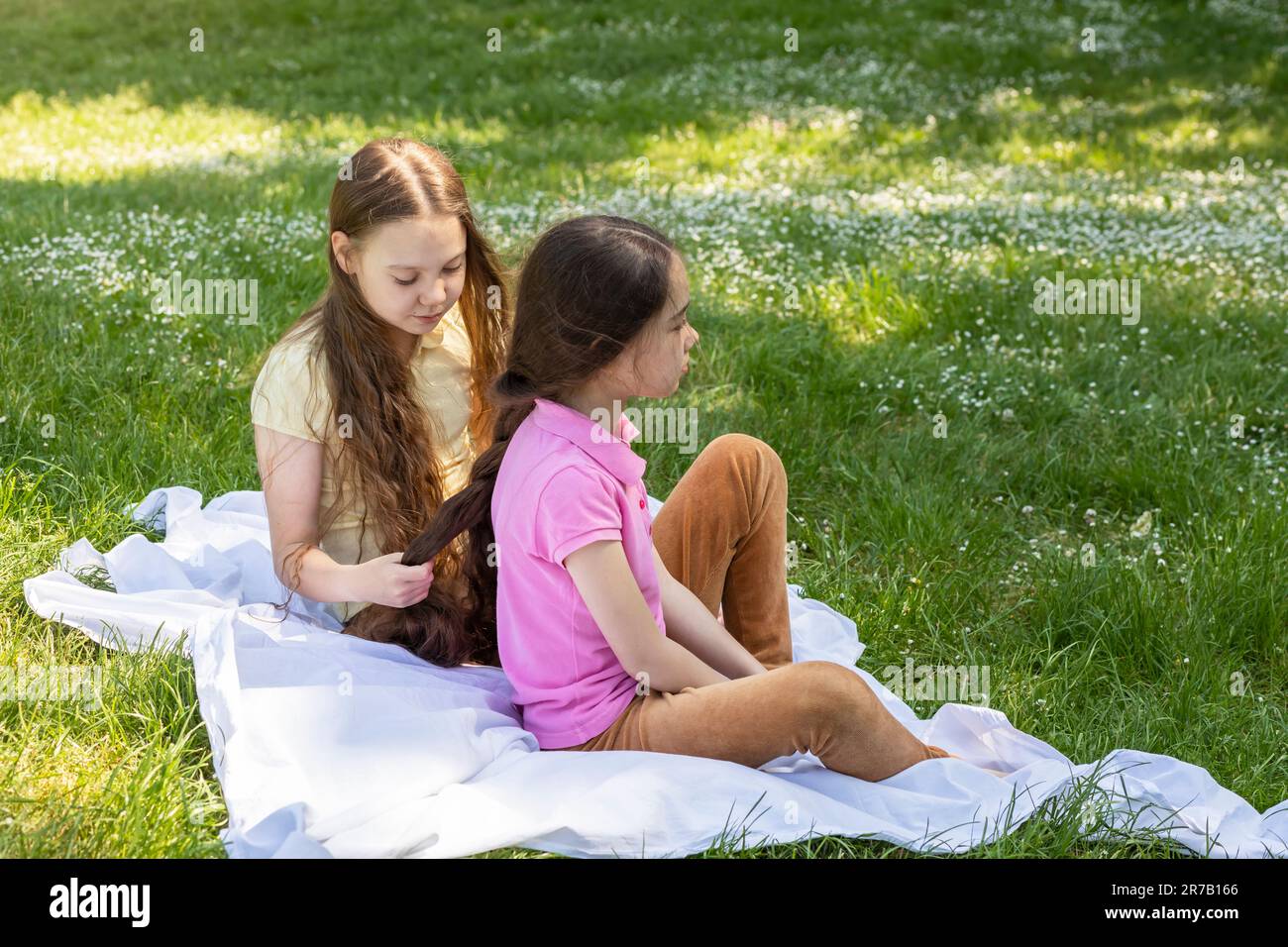 Cute Little Girl With Long Hair braids Sister's Hair Sitting On Grass