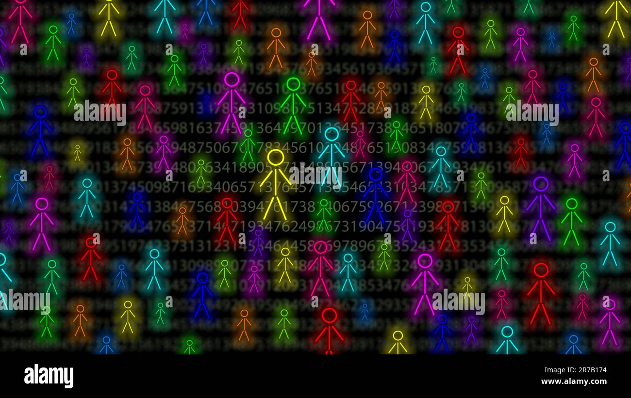 A header image of numbers and stickman figures representing the people contained in the data of business intelligence reporting Stock Photo