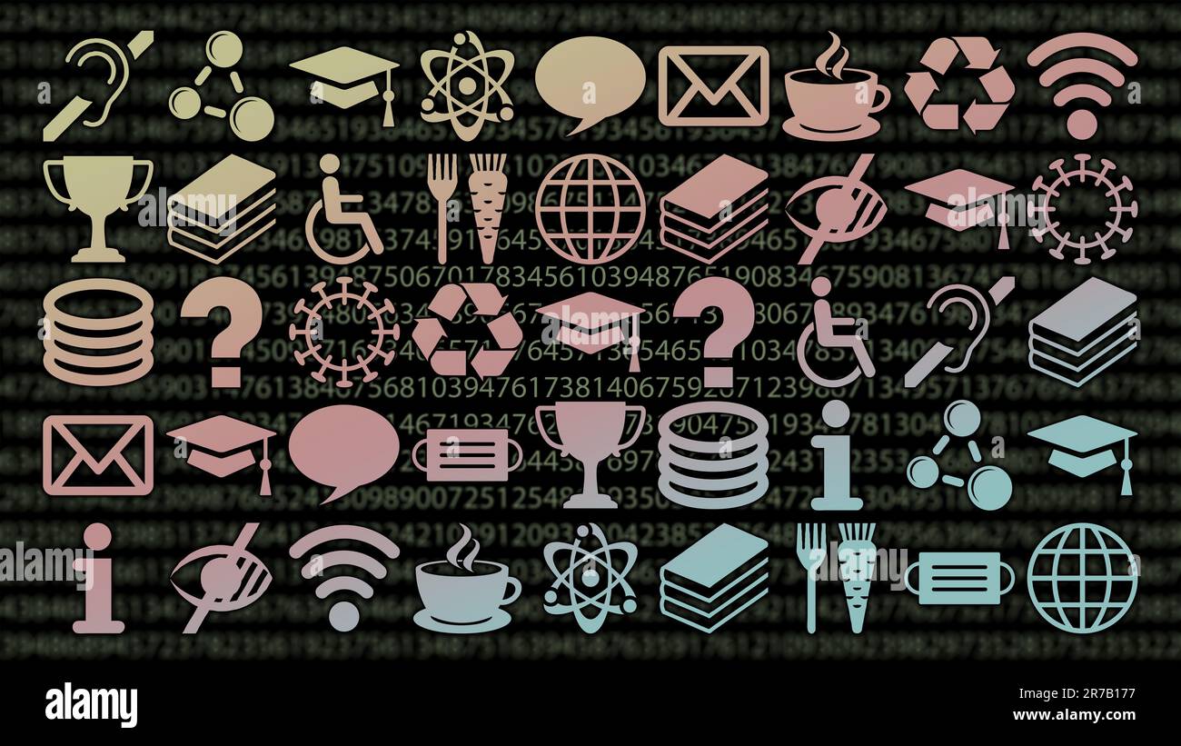 A header image of various icons and symbols representing the experience of people that has been collected as data for business intelligence reporting Stock Photo