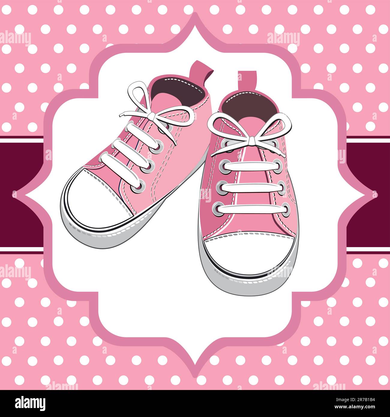 Pink shoes on a polka dot background, childrens or young adult shoes, pair kids sneaker. Stock Vector
