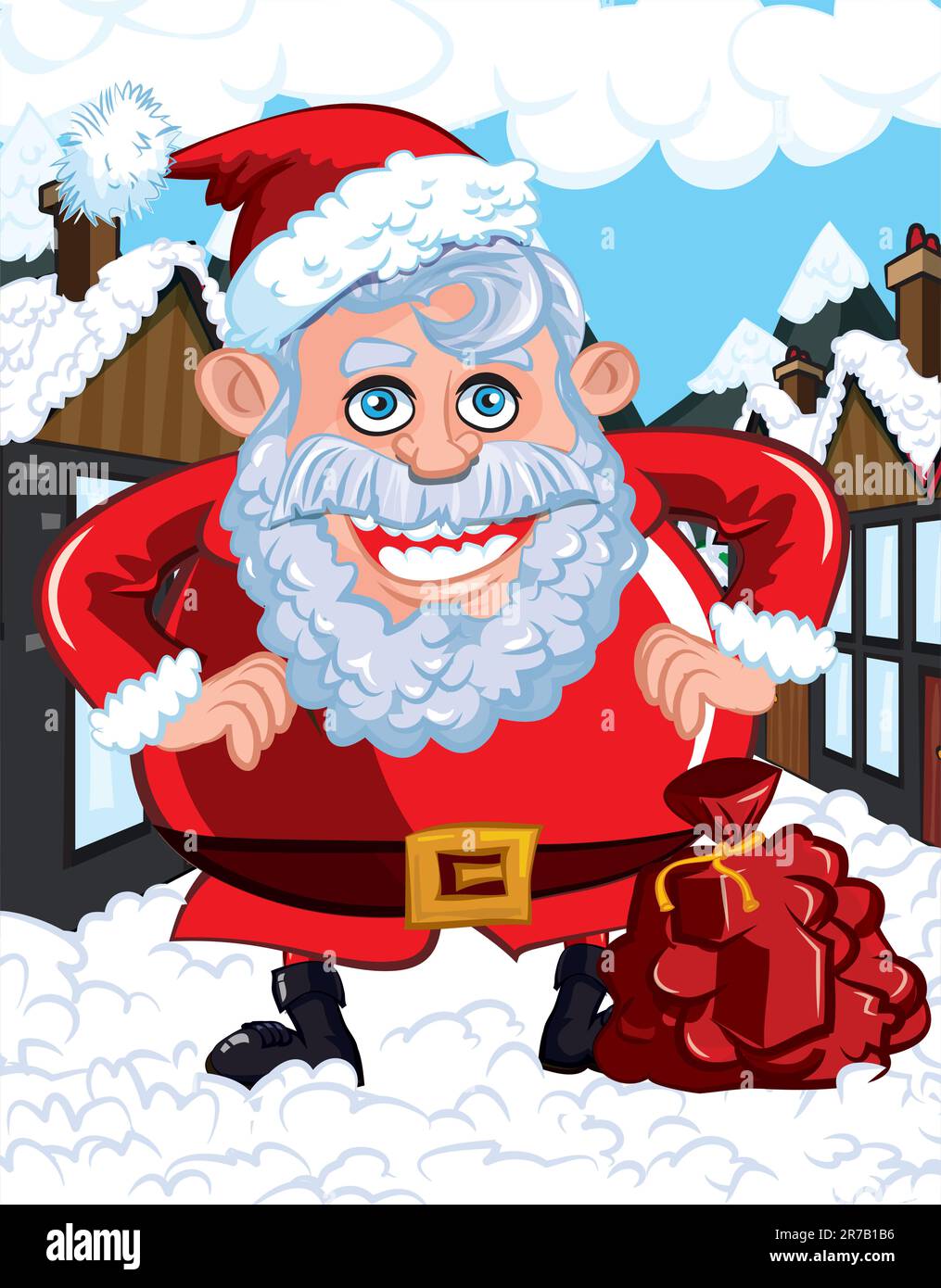 Cartoon Santa with a white beard. He is a in a town street Stock Vector