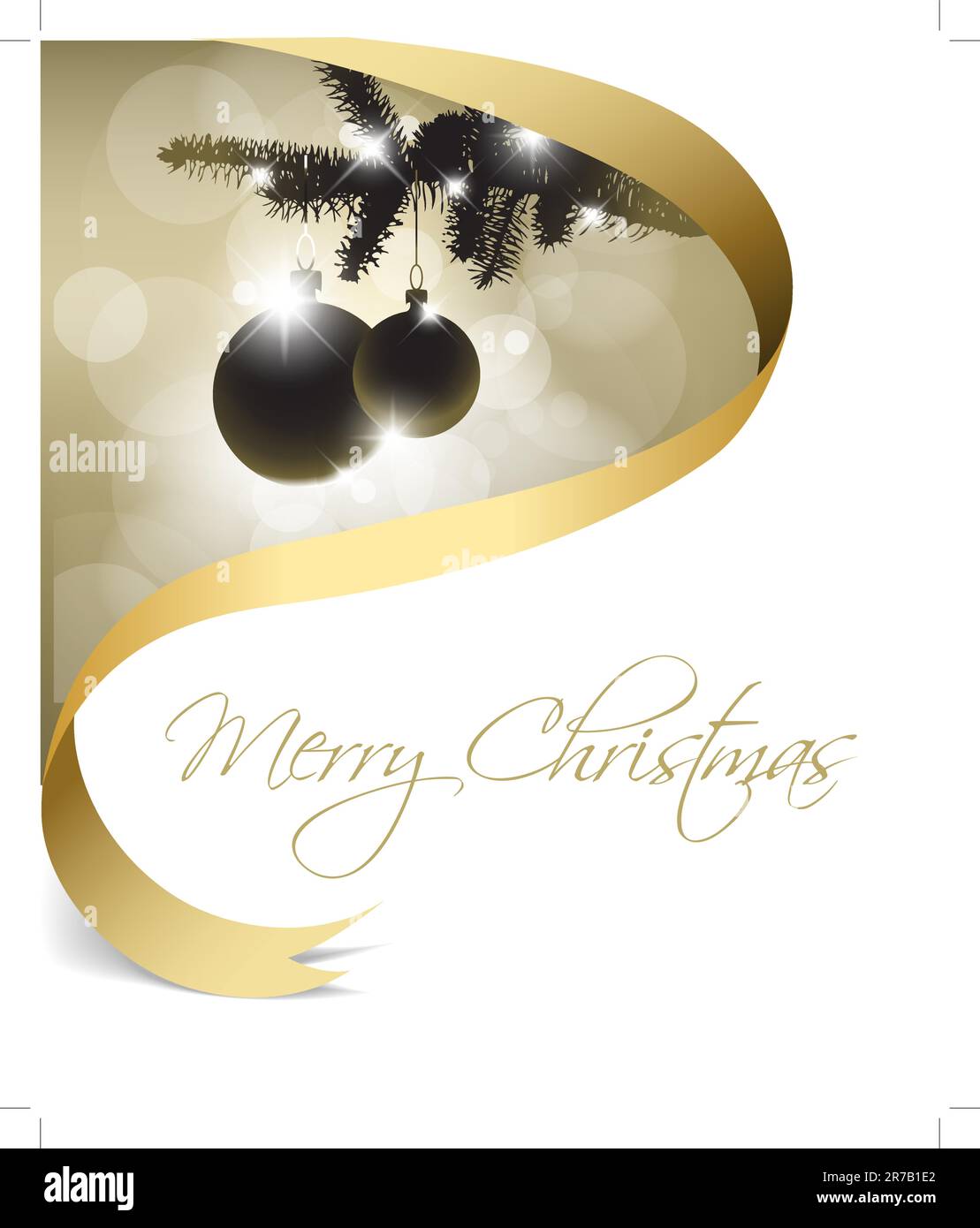 Christmas card with some decorations and golden ribbon Stock Vector