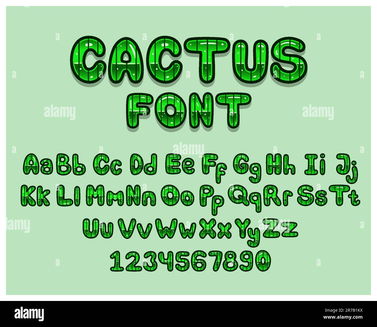 Latin Alphabet Made Of Green Cactus Cartoon. English Letters From A to Z. Vector font for Label, Greeting Card, Lettering and Logo. Stock Vector
