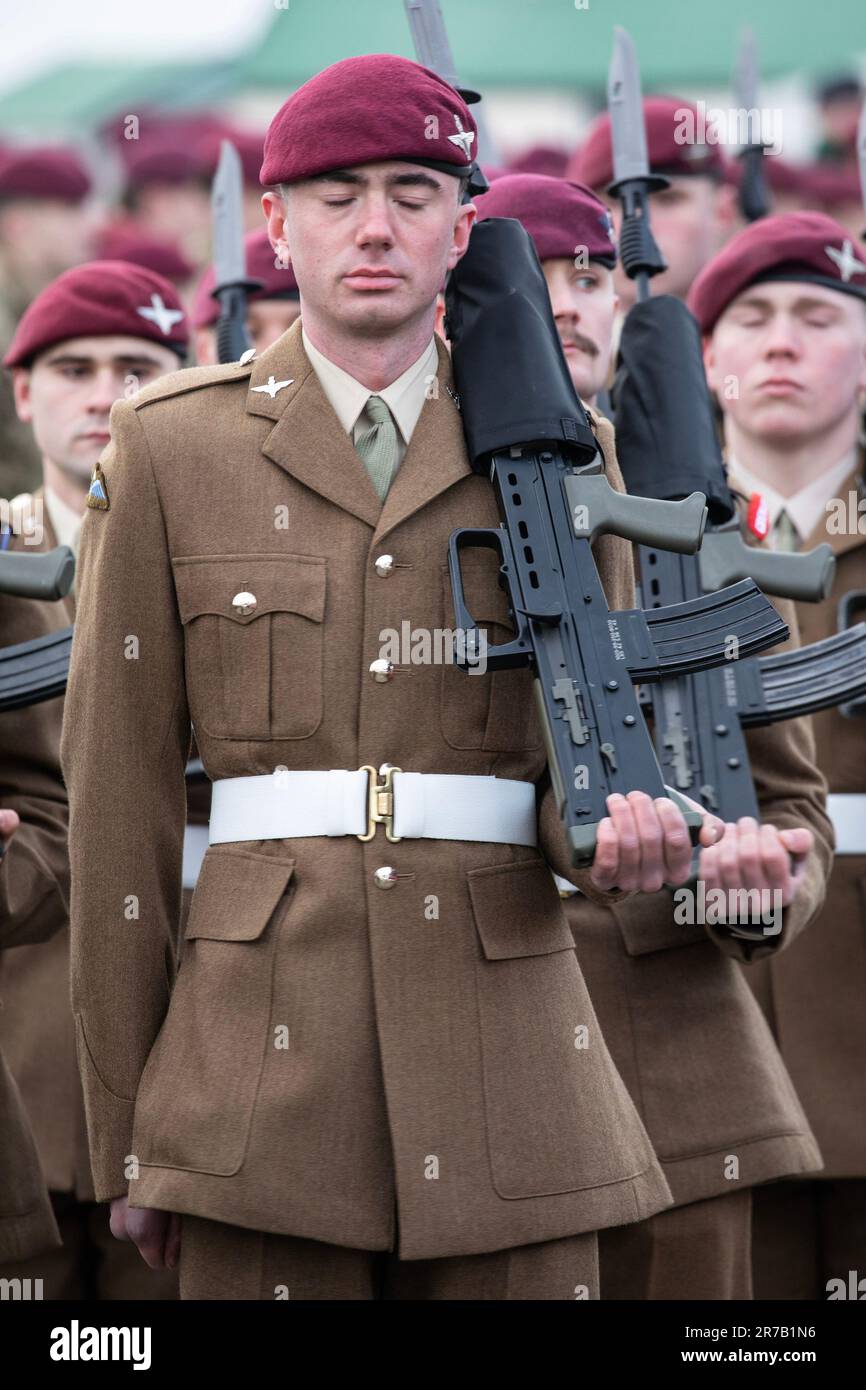 14th June 2023. Stanley, Falkland Islands,  , On 14th June 1982, the British Forces marched in to Stanley in The Falkland Islands, liberating the town from the invasion of the Argentine Forces, thus ending the 74 day Falklands War. This date, 14th June, is celebrated every year in the Falkland islands, by a Celebration Day, and a day of thanks. It is also a Public Holiday. A member of the current Parachute Regiment of The British Army closes his eyes during prayers given in the service. Credit: Rob Carter/Alamy Live News Stock Photo