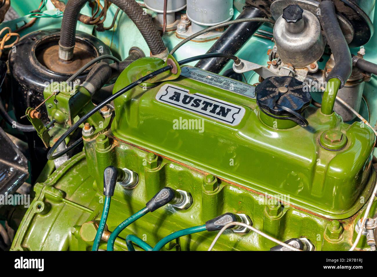 Close up view of BMC Austin 1100 petrol engine used to power a small British family car built between 1962 and 1974. Stock Photo