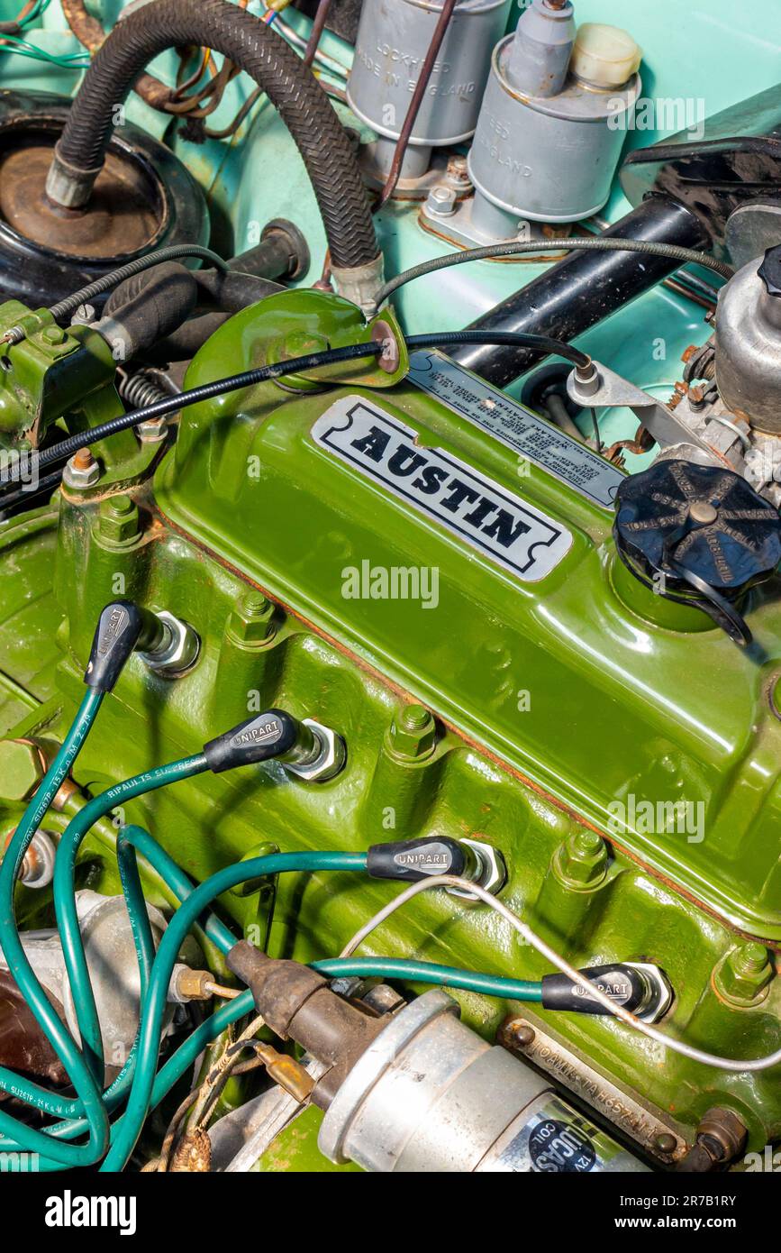 Close up view of BMC Austin 1100 petrol engine used to power a small British family car built between 1962 and 1974. Stock Photo