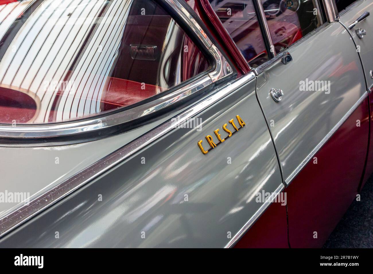 Detail of two tone paint, rear window and name badge on a Vauxhall Cresta PA a British saloon car built between 1957 and 1962 Stock Photo