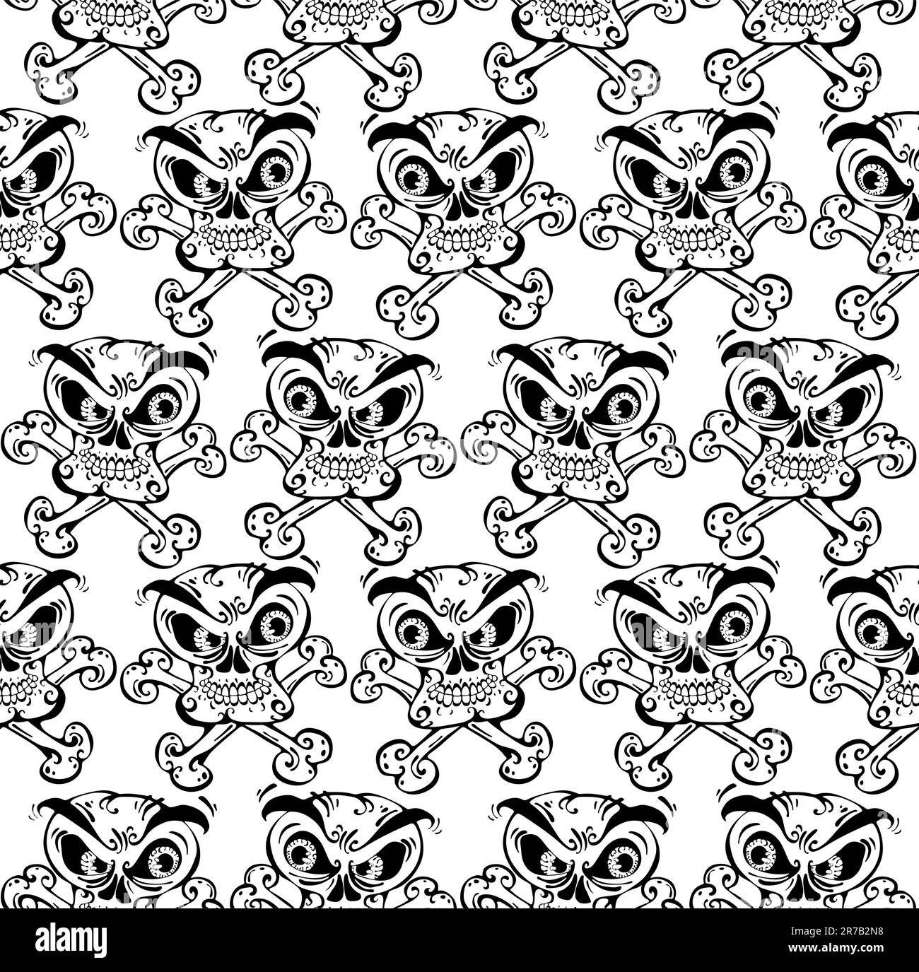 Crazy skulls seamless pattern. Skulls with angry look and crossbones. Black and white version. Vector background. Stock Vector