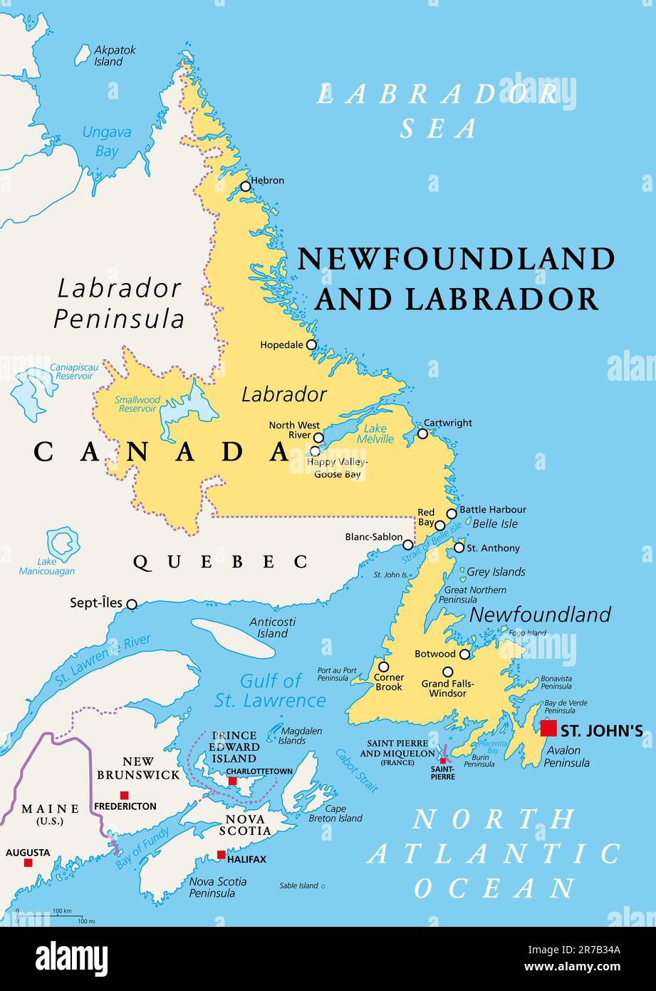 Newfoundland and Labrador, political map. Province of Canada, in Atlantic region, capital St. Johns. Island of Newfoundland and region of  Labrador. Stock Photo