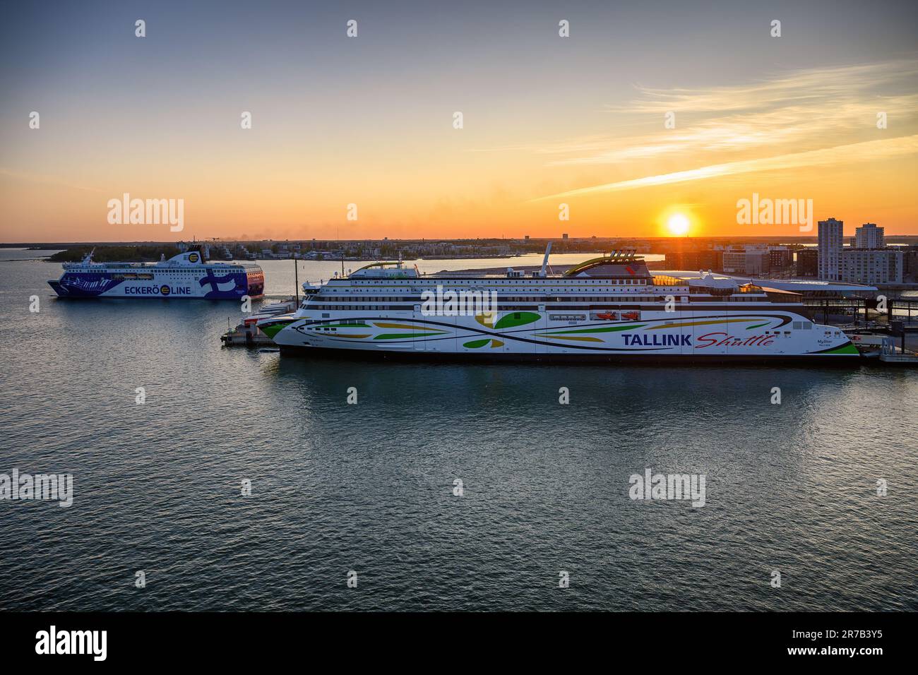 Sunset view of the West Terminal at Helsinki, one of Finland's busiest passenger harbours. Stock Photo