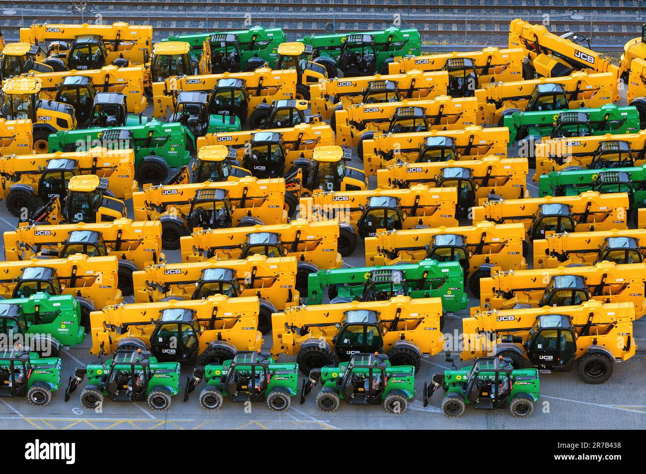 JCB plant equipment lined up for export on the dockside at the Port of Southampton. Stock Photo