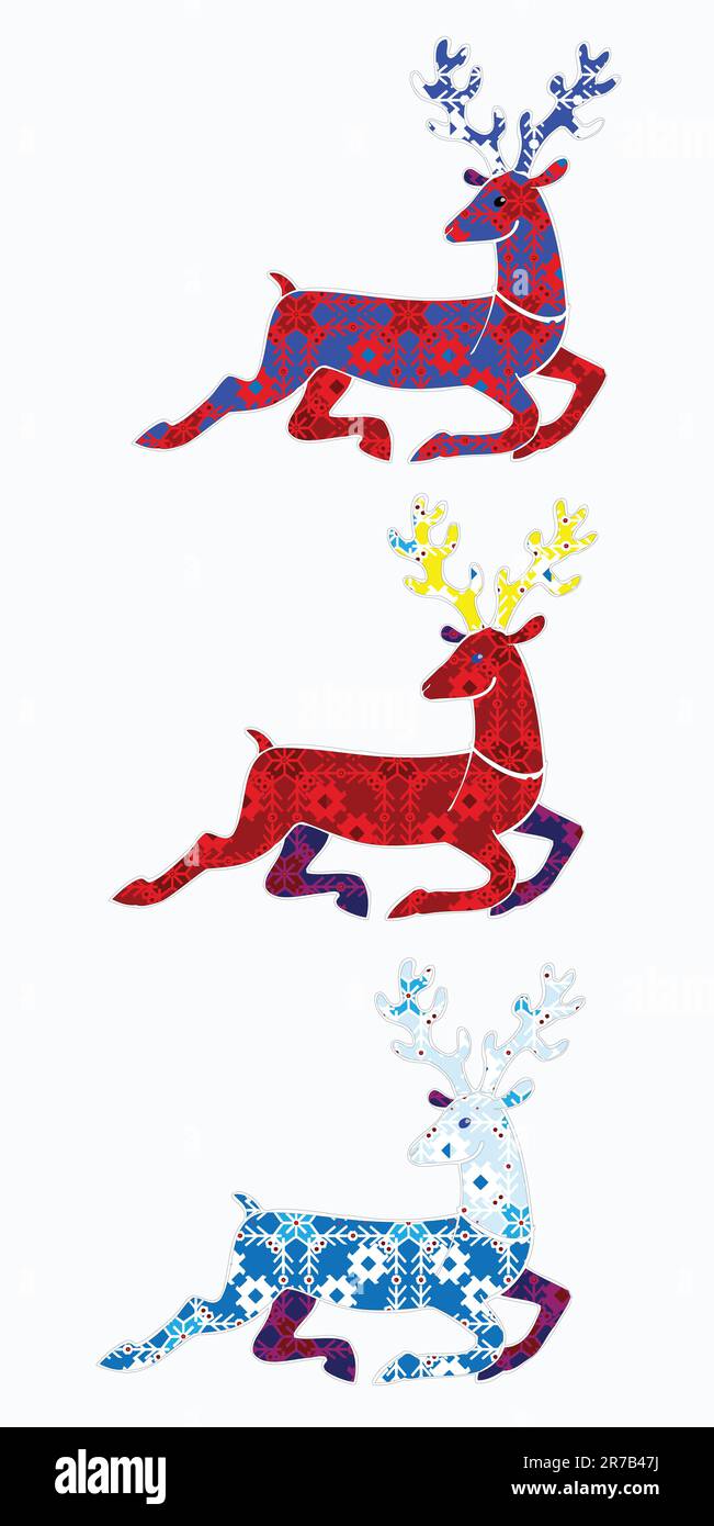 Christmas running deer silhouette with a traditional texture with snowflakes Stock Vector