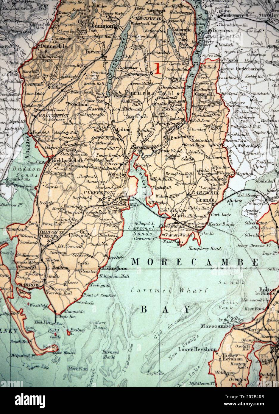 Detail from an 1868 Map of the County Palatine of Lancaster, so Lancashire as it was then, From the Ordnance Survey by J. Bartholomew F.R.G.S.; this section including Morecambe, Lower Heysham, Cartmell, Ulverston, Dalton in Furness, Bardsea, Grange, Broughton in Furness, Newby Bridge, Bolton le Sands, Cark, Flookburgh, Morecambe Bay.  In the cream tinted area at top right are Windermere and Bowness. Stock Photo