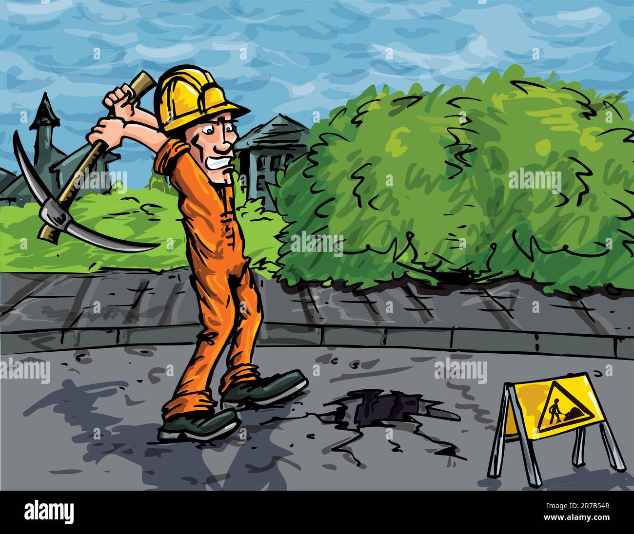 Cartoon of labourer using a pick axe to dig a hole in the road Stock Vector