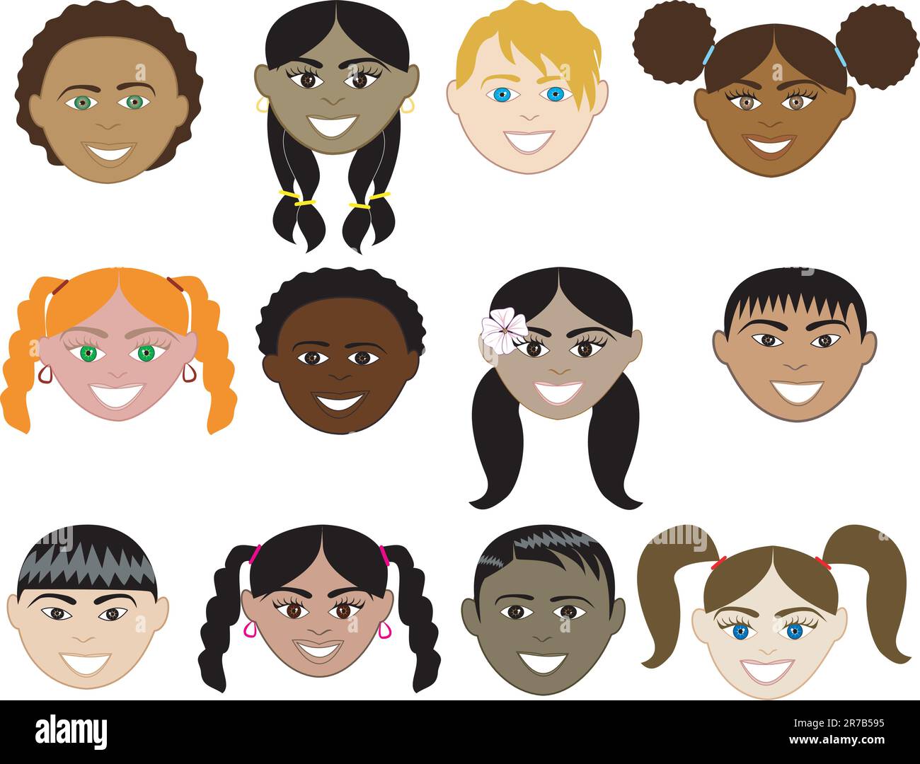 Vector Illustration of 12 boy and girl faces with smiles. Stock Vector