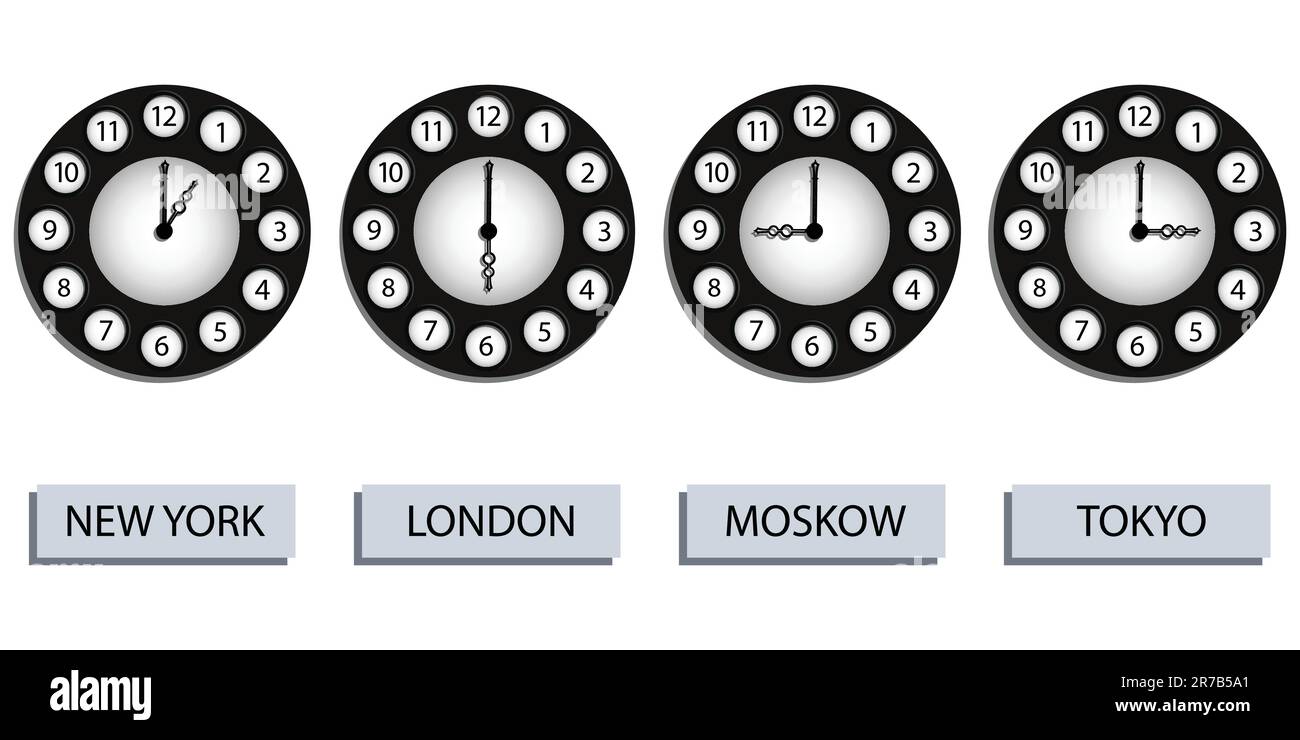 time zone clocks for four different countries against white background